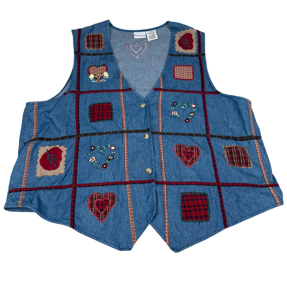 Bobbie Brooks Woman Denim Patchwork Vest Plus Size 18W/20W Heart Plaid BB555W